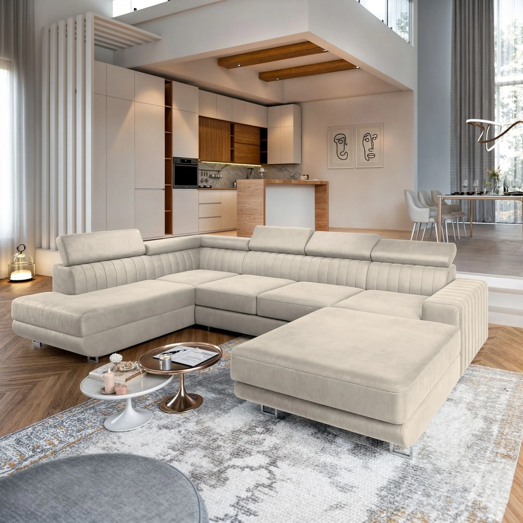 Masseno Narożnik SIENA z funkcją spania i pojemnikiem na pościel Narozniki U, Rozkładana sofa - Kremowy, MONOLITH 04