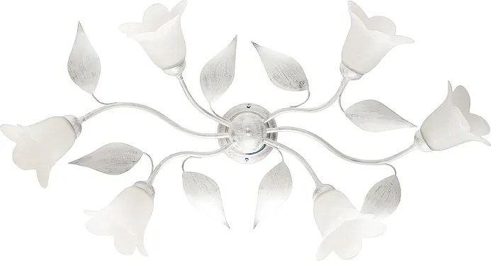 Olga lampa sufitowa z lakierowanego białego żelaza z srebrnym zdobieniem, 6 lamp, alabastrowe klosze, 70x52 cm