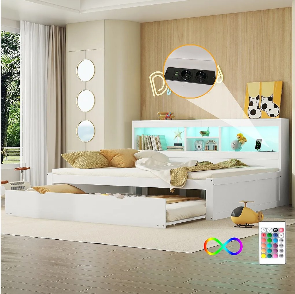 Łóżko wysuwane 140 x 200 cm + 90 x 190 cm z przegródkami i portami USB - LED - Płyta wiórowa + MDF - Białe (bez materaca)