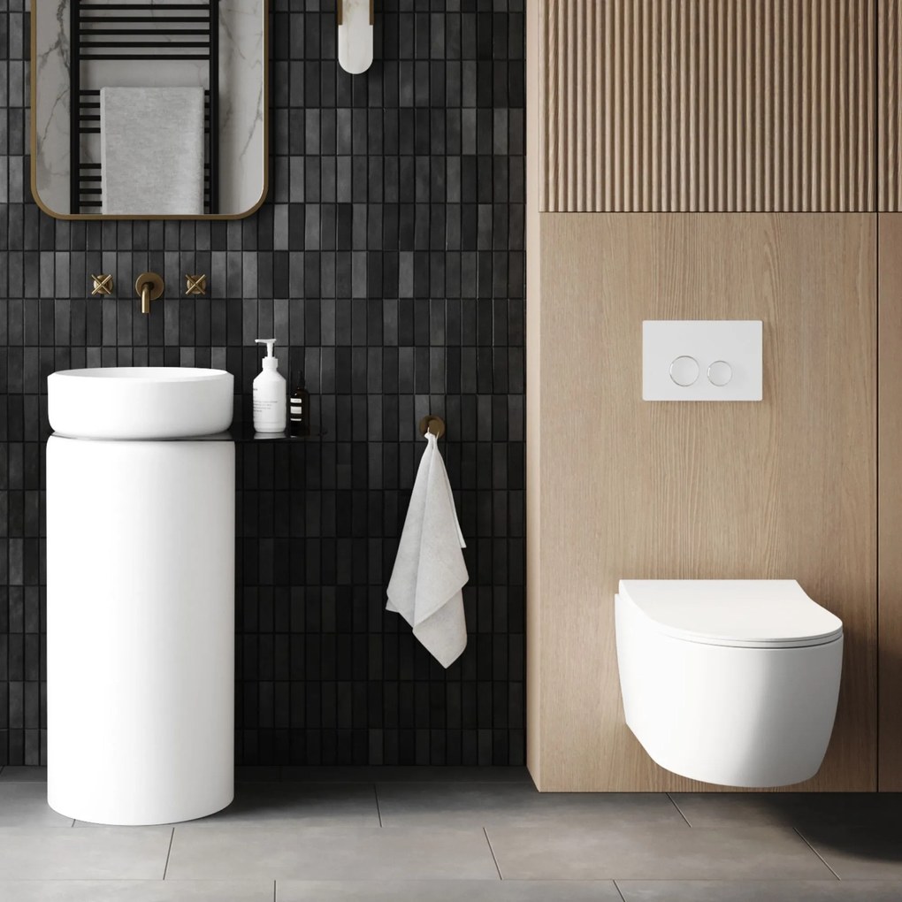 Zestaw łazienkowy z umywalką RONA z półką i korkiem, miską wc, stelażem i przyciskiem | Różne kolory : Kolor zestawu - Biały połysk, Podłączenie syfonu - Do podłogi