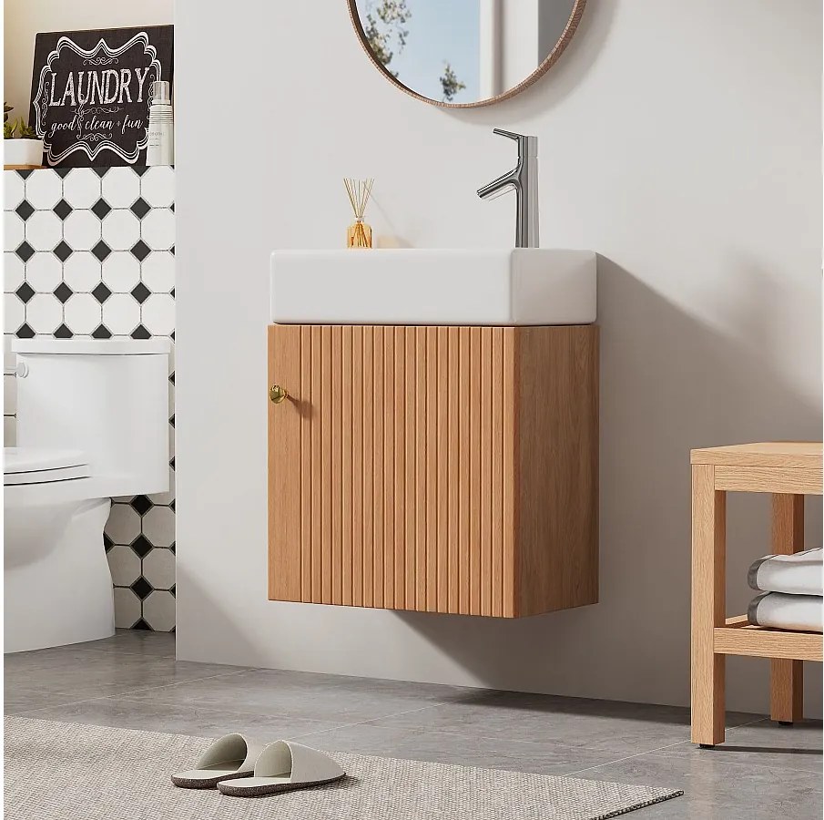 Szafka łazienkowa pod umywalkę pojedynczą, niska z umywalką ceramiczną - 46 x 26 x 56 cm - drewno MDF - Naturalne