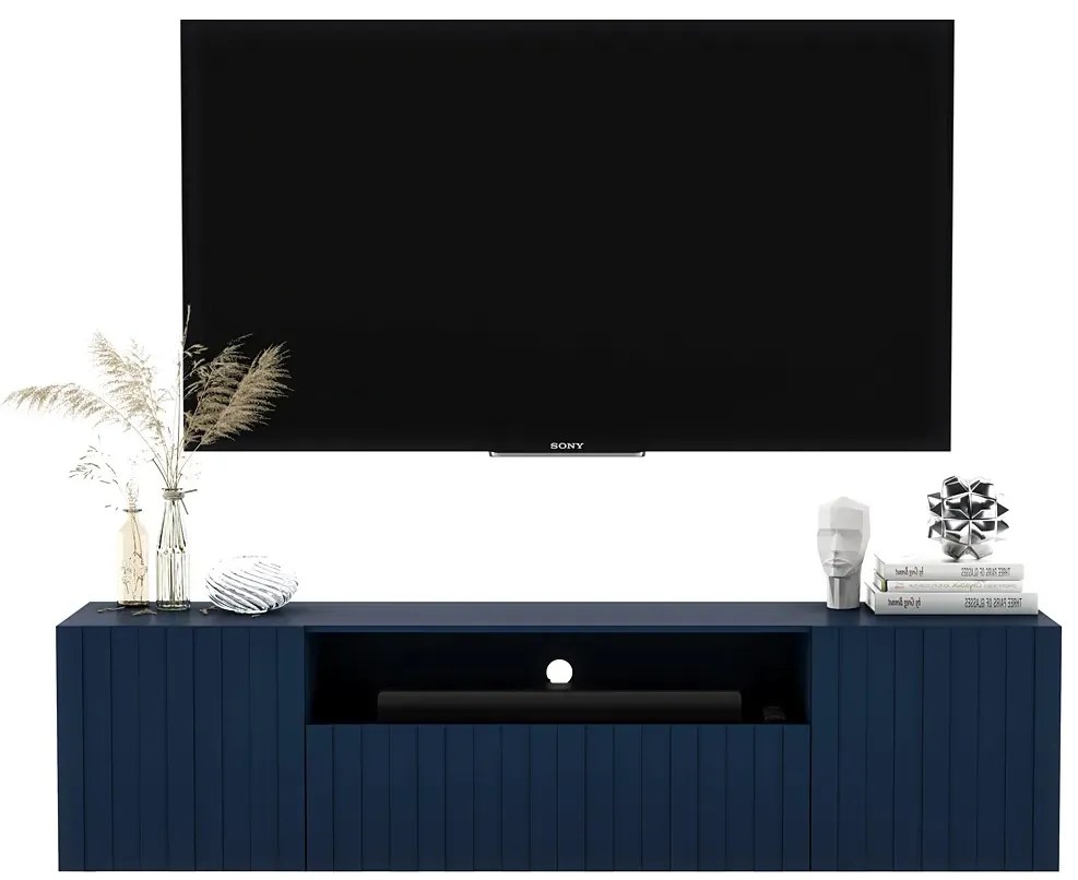 Granatowa ścienna szafka na TV z lamelami - Filo 8X