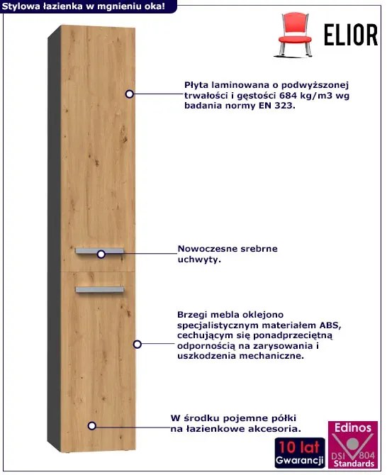 Szafka łazienkowa słupek dąb artisan antracyt - zestaw 4X