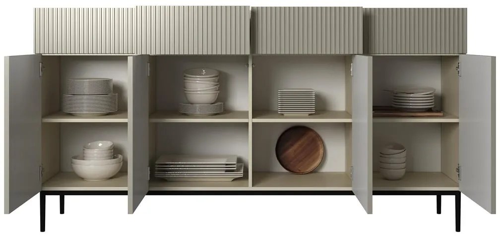 Komoda czterodrzwiowa Nicole 200 cm z szufladami z ryflowanym frontem - kaszmir / czarne nóżki