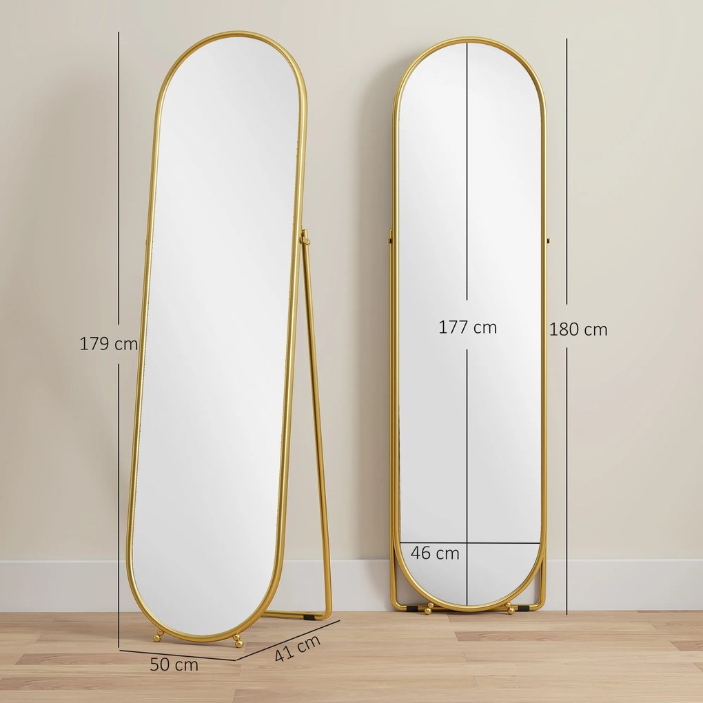 HOMCOM Lustro całopostaciowe, owalny kształt, wolnostojące, rama metalowa, 50x180 cm, złote | Aosom PL