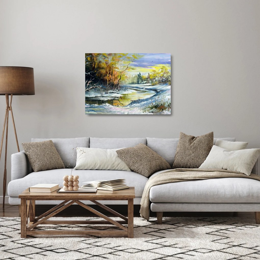 Obraz na szkle zimowej rzeki, obraz olejny (70x50 cm)