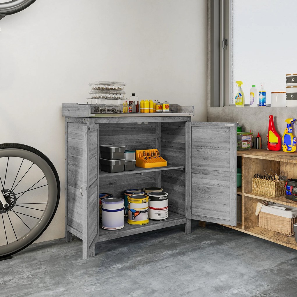 Outsunny Stół do przesadzania z szafką z drewna, ogrodowa szafka z ocynkowanym blatem, 2 półki, szary | Aosom PL
