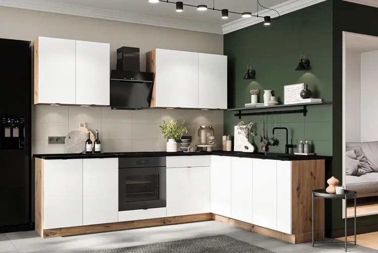 Komplet 6 szafek kuchennych biały + dąb artisan 200 cm - Elandro 27X
