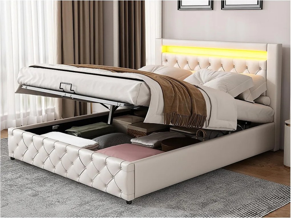 Łóżko z tapicerowanym zagłówkiem z ekoskóry z LED - 160x200cm - z stelażem na listwach - Białe