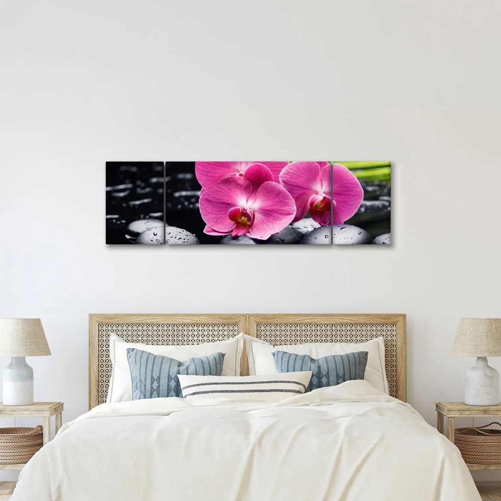 Obraz - Różowe orchidee z liściem palmy (170x50 cm)