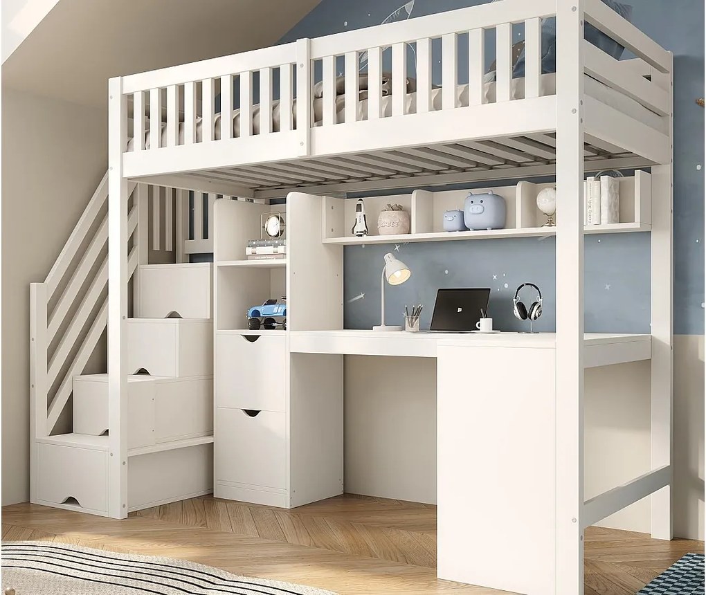 Łóżko na antresoli 90x200 cm - drabina z pojemnikami - z biurkiem i 2 szufladami - lite drewno + płyta wiórowa - Biały​ (bez materaca)