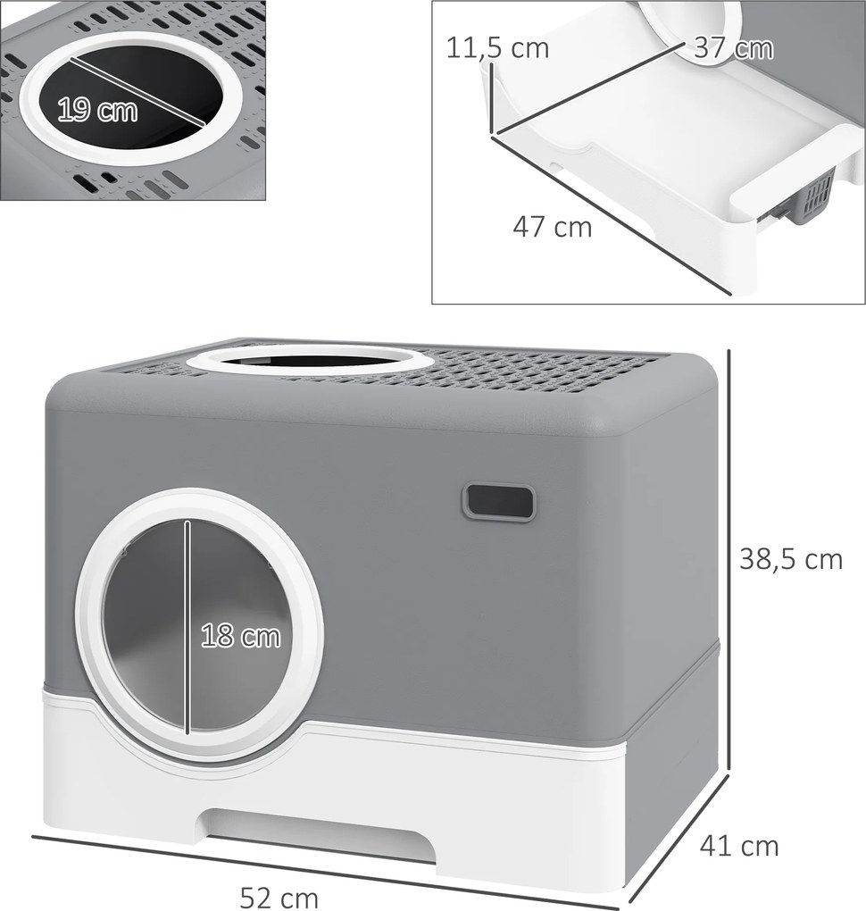 PawHut Kuweta dla Kotów, 2 Wyjścia, Wysuwana Taca, 52 x 41 x 38,5 cm, Szary