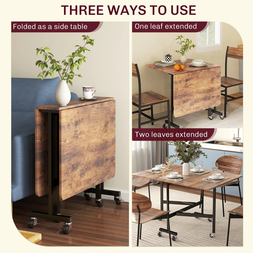 HOMCOM Składany Stół Jadalniany, dla do 6 Osób, z 6 Kółkami i Hamulcami, do Małych Przestrzeni, Brązowy