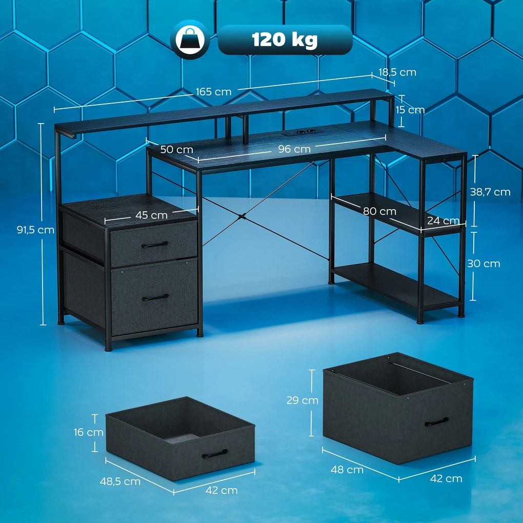 HOMCOM Biurko gamingowe w kształcie L z LED i gniazdami, z podwójnym uchwytem na monitory, 165x80x91,5 cm, czarna imitacja drewna | Aosom PL