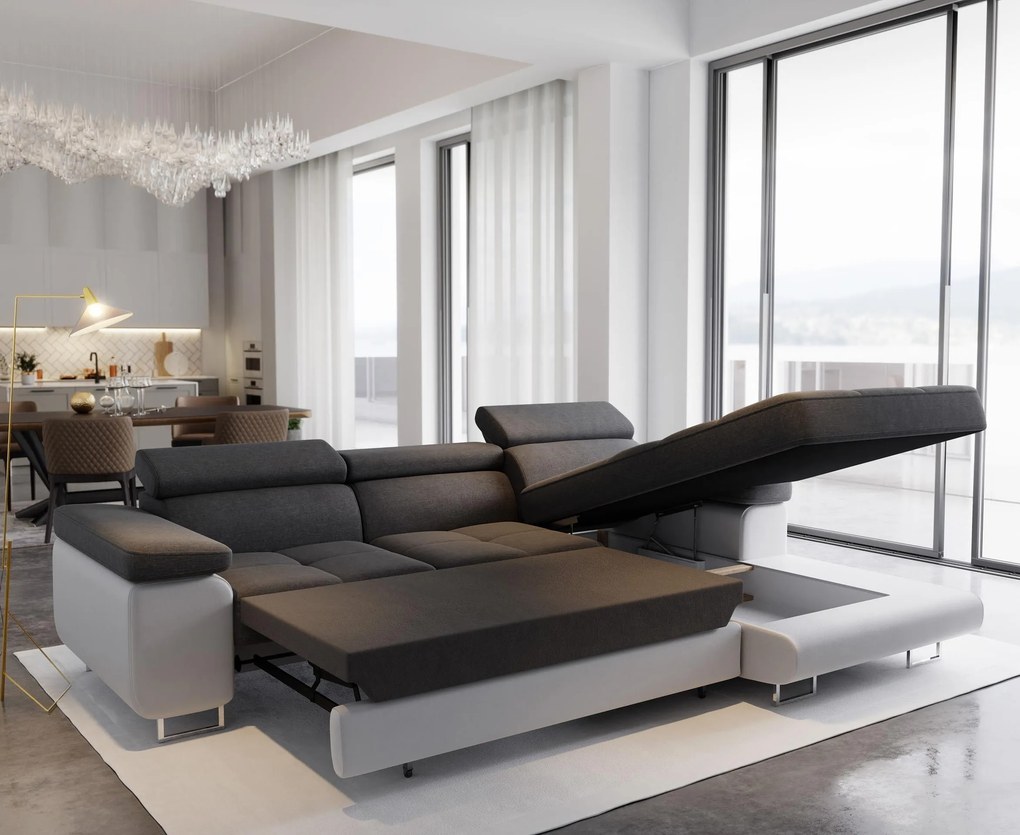 Masseno Narożnik ELMA z funkcją spania i pojemnikiem na pościel, Rozkładana sofa - Brązowy, MONOLITH 29 + MONOLITH 09