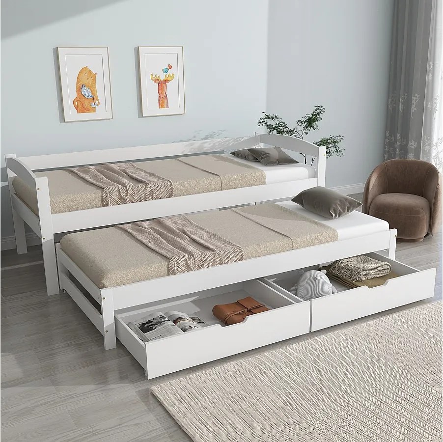 Łóżko rozkładane dla dzieci - 90 x 190/200 cm - z łóżkiem wysuwanym + 2 szuflady - Drewno + MDF - Biały
