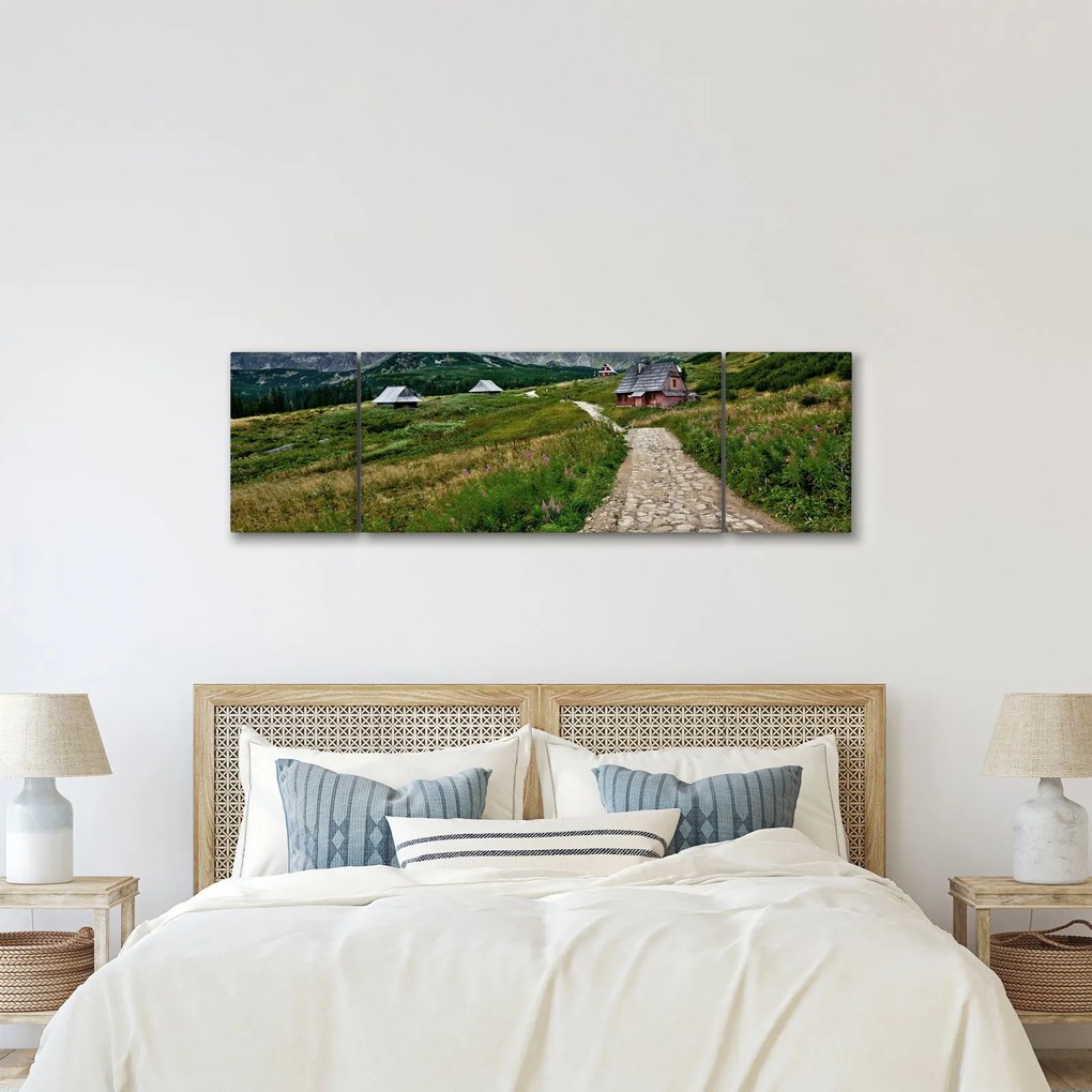 Obraz - Krajobraz górski z domami (170x50 cm)