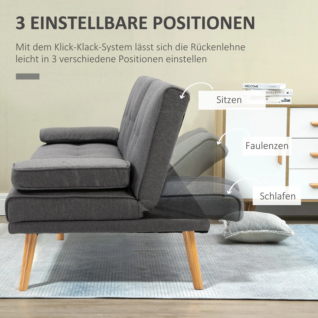 HOMCOM Sofa 3osobowa Rozkładana z Stołem Len Imitacja 181x77x78cm Ciemnoszara | Aosom PL
