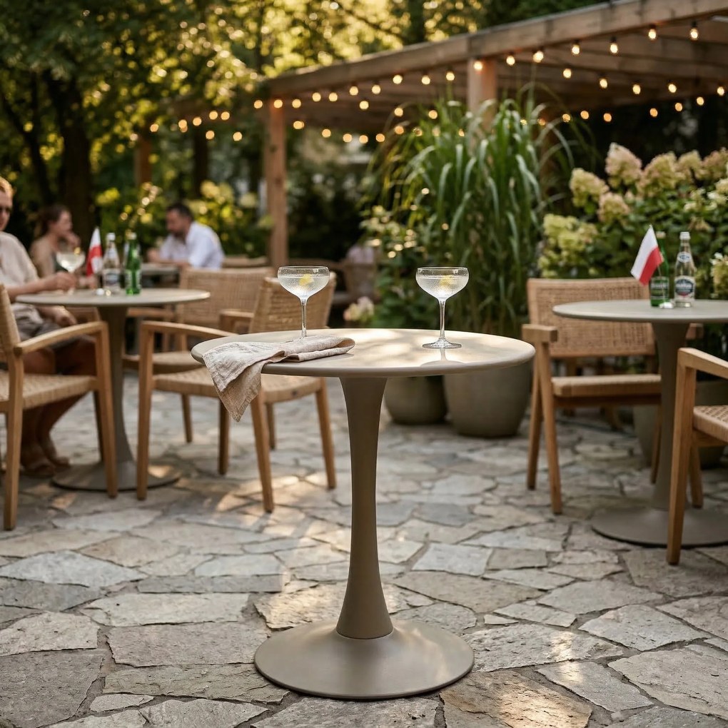 Stolik Ogrodowy Okrągły 70 cm Beżowy Metalowy Na Taras, Do Ogrodu, Kawiarni