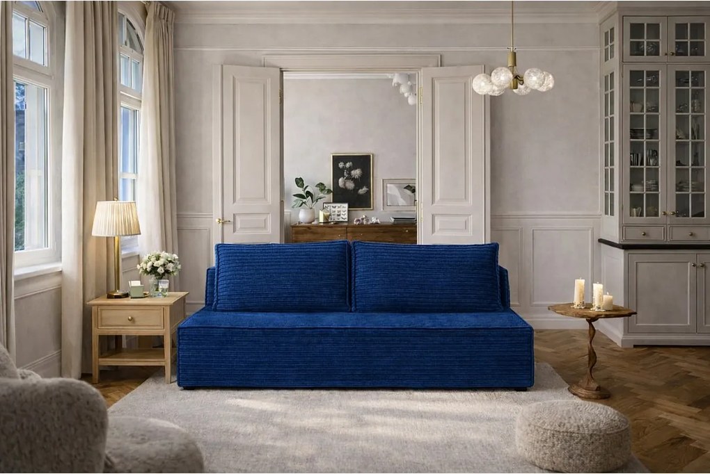 Sofa z funkcją spania i pojemnikiem DUO, tkanina Velo, Niebieski