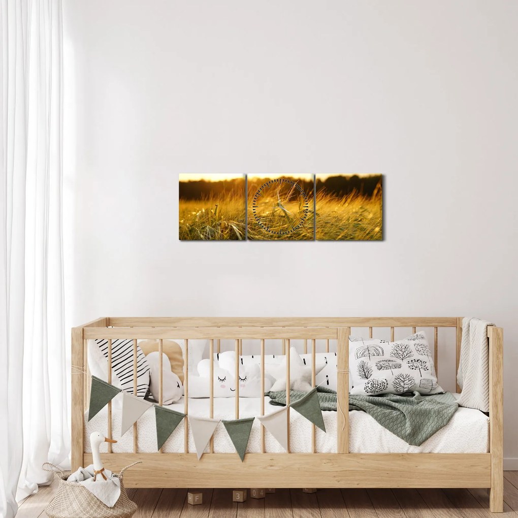 Obraz zroszonej trawy (z zegarem) (90x30 cm)