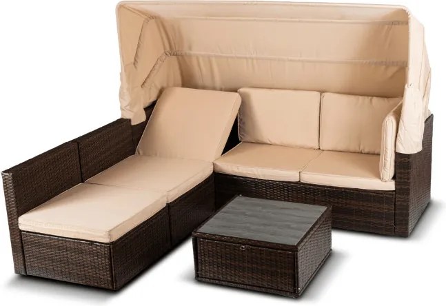 Zestaw Mebli Ogrodowych CALIENTE Modułowy Sofa 2x Fotel Stolik Tarasowy Brązowy/Beżowy Technorattan Nowoczesny