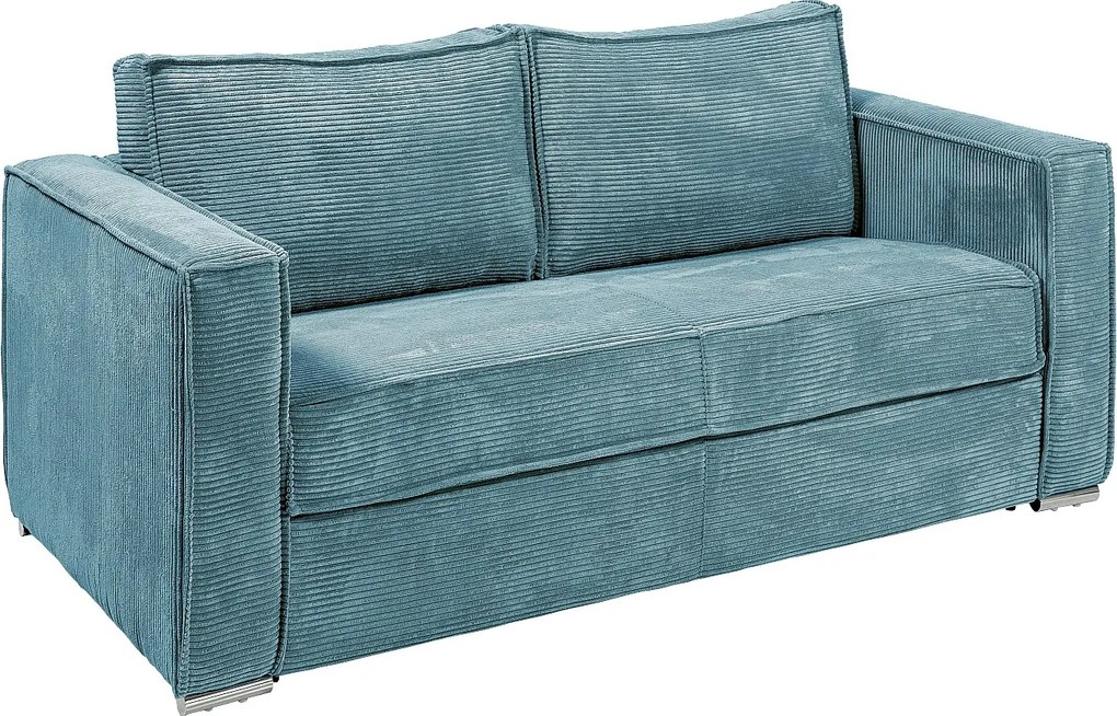 Kanapa 3-osobowa rozkładana typu express z z turkusowego weluru sztruksowego z siedziskiem z pianki z pamięcią kształtu - Powierzchnia spania 140 cm - Materac 22 cm z pianki i z siedziskiem z pianki z pamięcią kształtu LORETO
