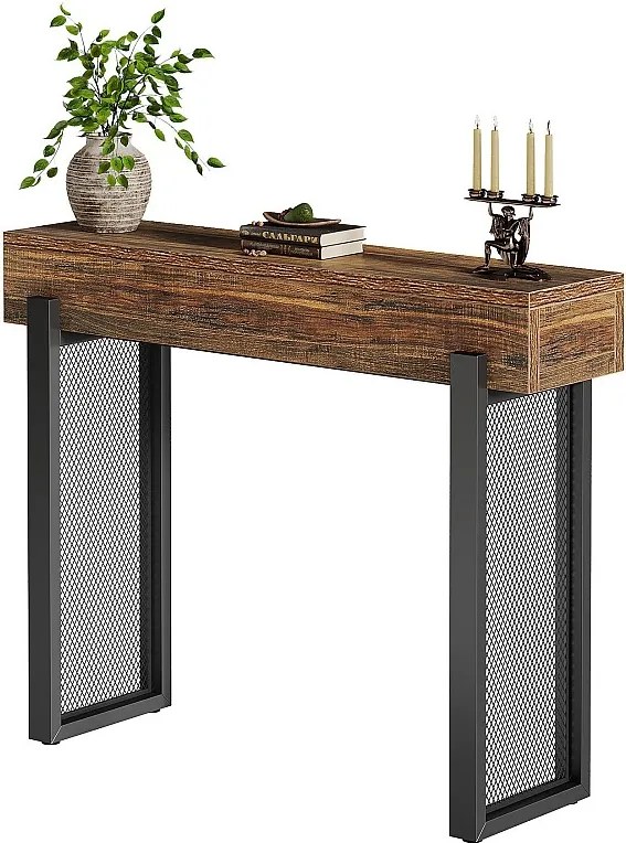 105 cm Drewniany stolik konsolowy ze schowkiem, industrialny mały stolik do przedpokoju z metalowymi nogami z siatki