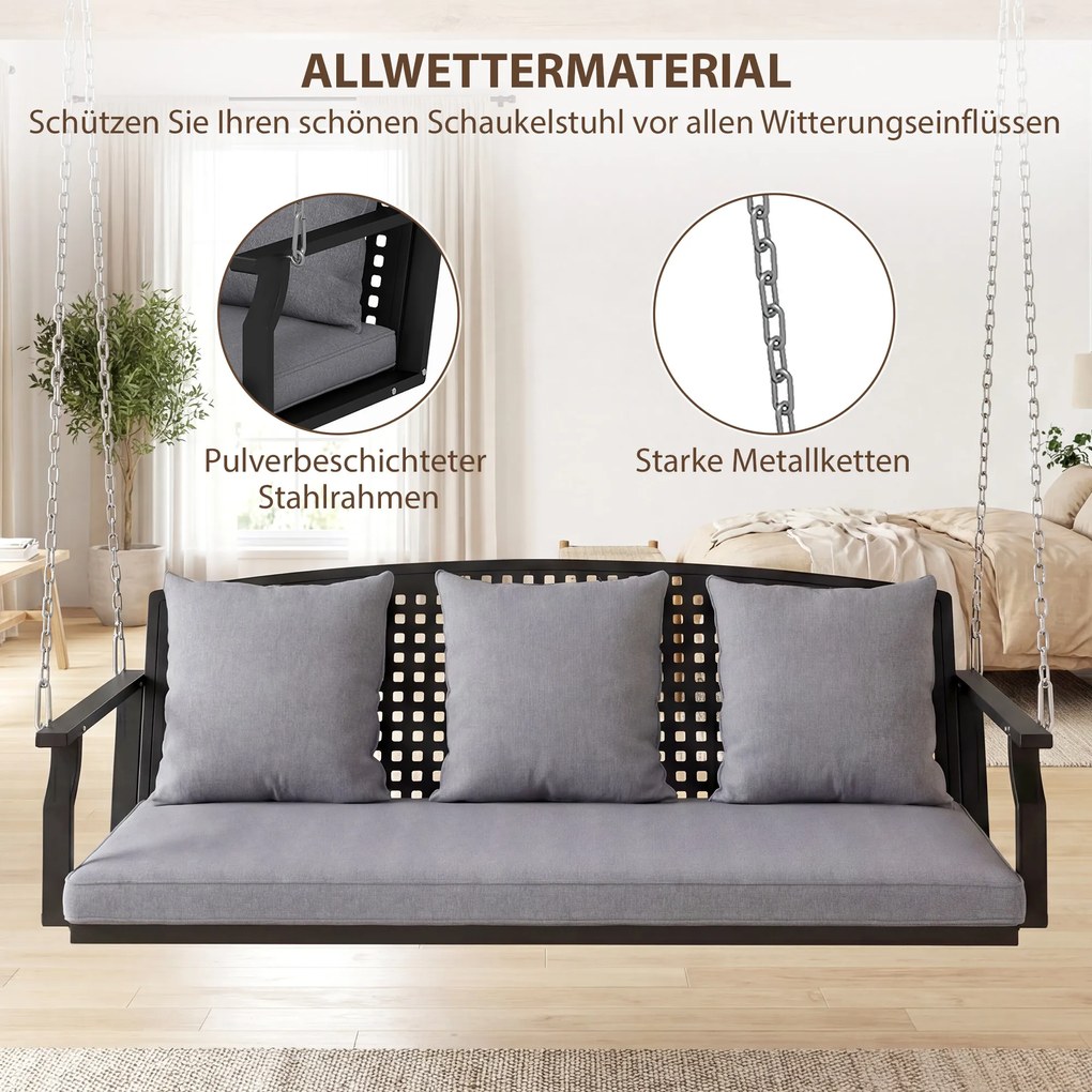 Outsunny 3-osobowa huśtawka na werandę, huśtawka ogrodowa z 3 poduszkami na oparcie, poduszką na siedzenie i zestawem do zawieszenia, szara | Aosom PL