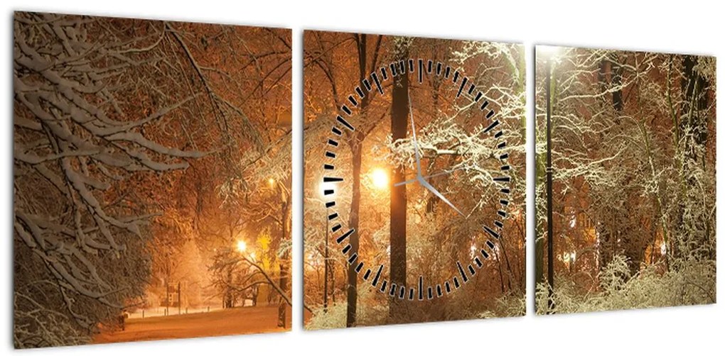 Obraz - Zaśnieżony park (z zegarem) (90x30 cm)
