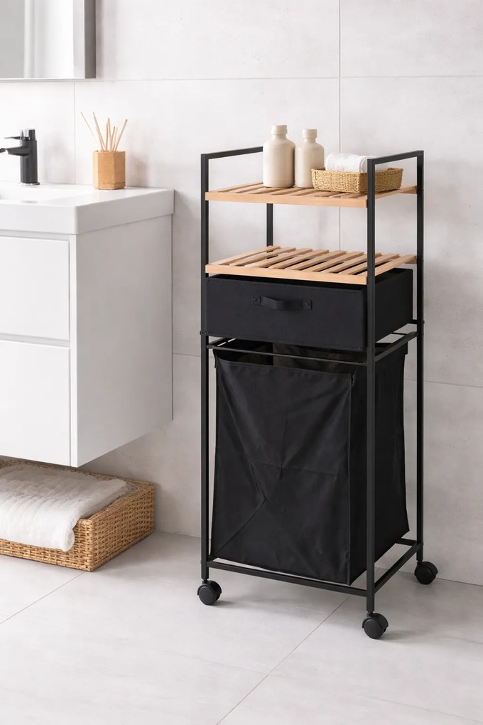 Regał łazienkowy Tromso, 2 półki + kosz, 38,8 x 109 x 32,5 cm