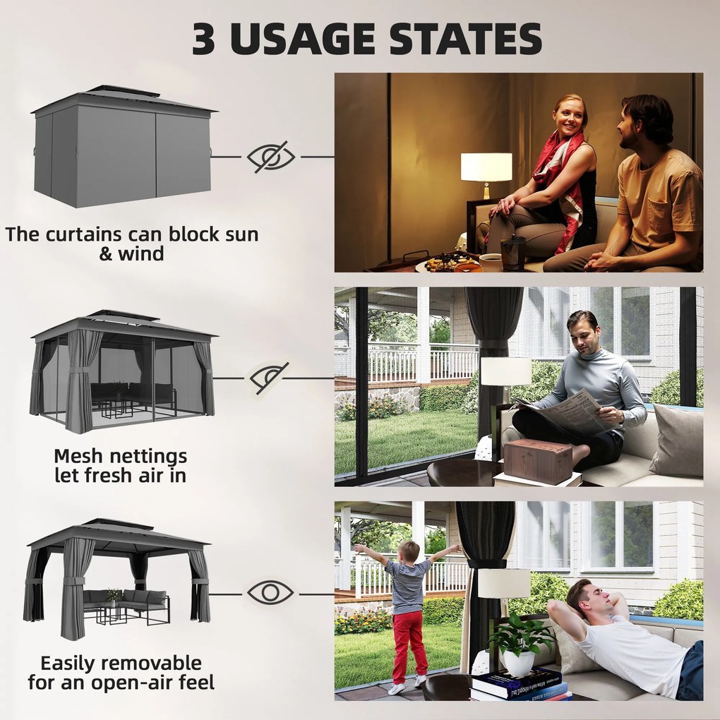 Outsunny Pawilon 3,8x3m Wodoodporny Stabilny Zimowy Pawilon Ogrodowy z Podwójnym Dachem, Zasłony, Siatka na Komary, Haki, Ciemnoszary | Aosom PL