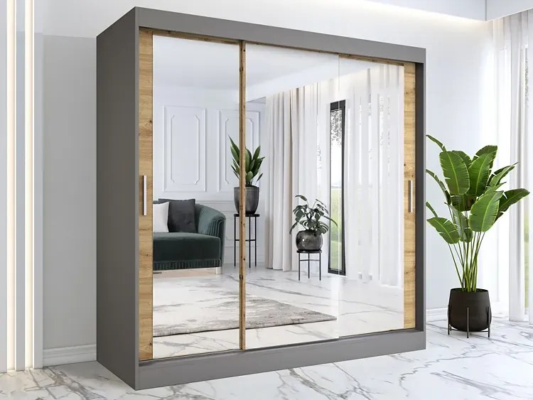 Szafa przesuwna z lustrem antracyt + dąb artisan 200 cm - Kukkin 6X