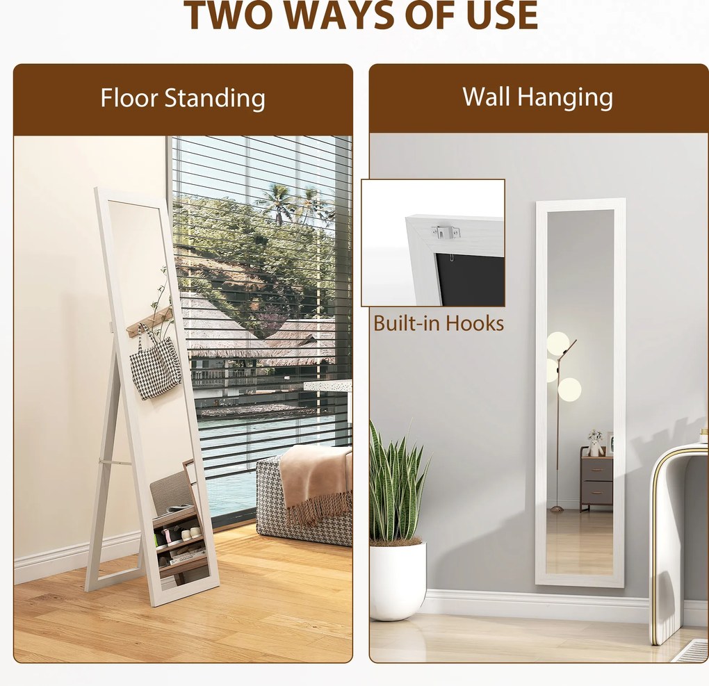 HOMCOM Lustro stojące, lustro całopostaciowe z podpórką, wolnostojące lustro ścienne, 37 x 157 cm, biały