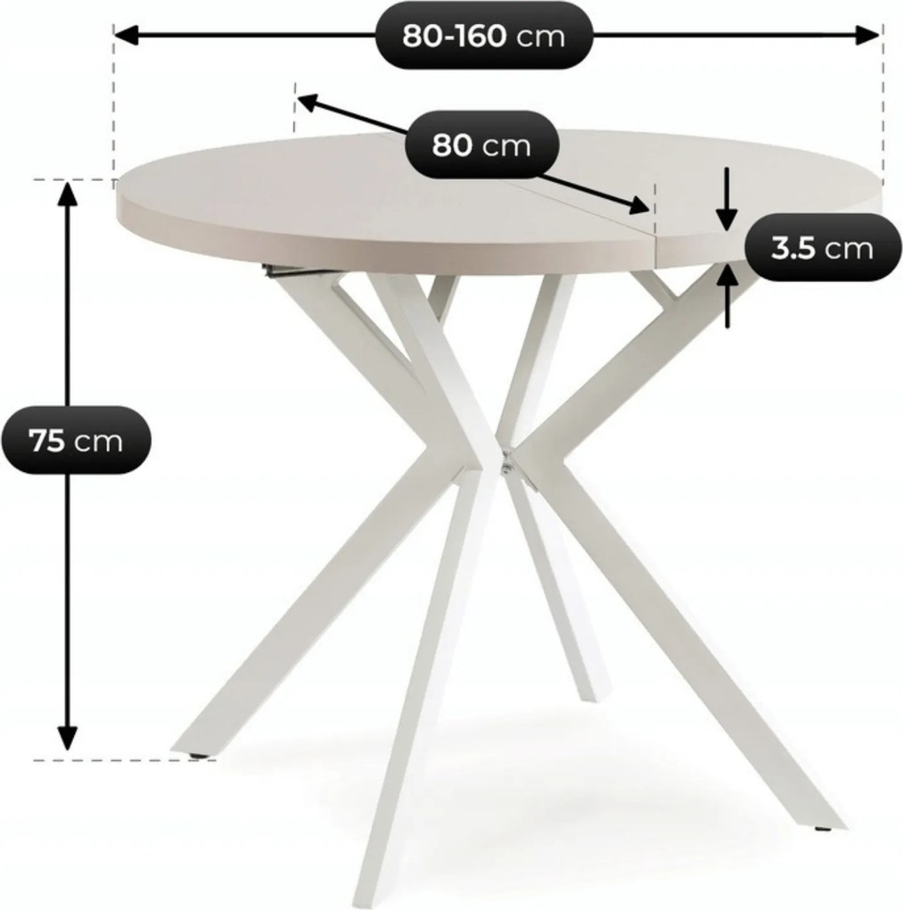 Stół Okrągły Rozkładany DORIAN 80-160 cm Kaszmir/Biały Nowoczesny