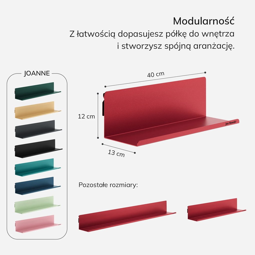 Półka wisząca metalowa czerwona, 400 mm: JOANNE Modern