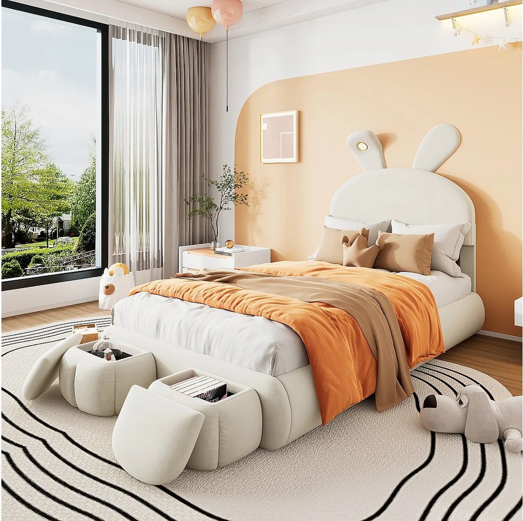 Łóżko jednoosobowe 90x200 cm - Łóżko dziecięce z dwiema ławkami ze schowkiem i ciepłą taśmą świetlną - beżowy aksamit - bez materaca