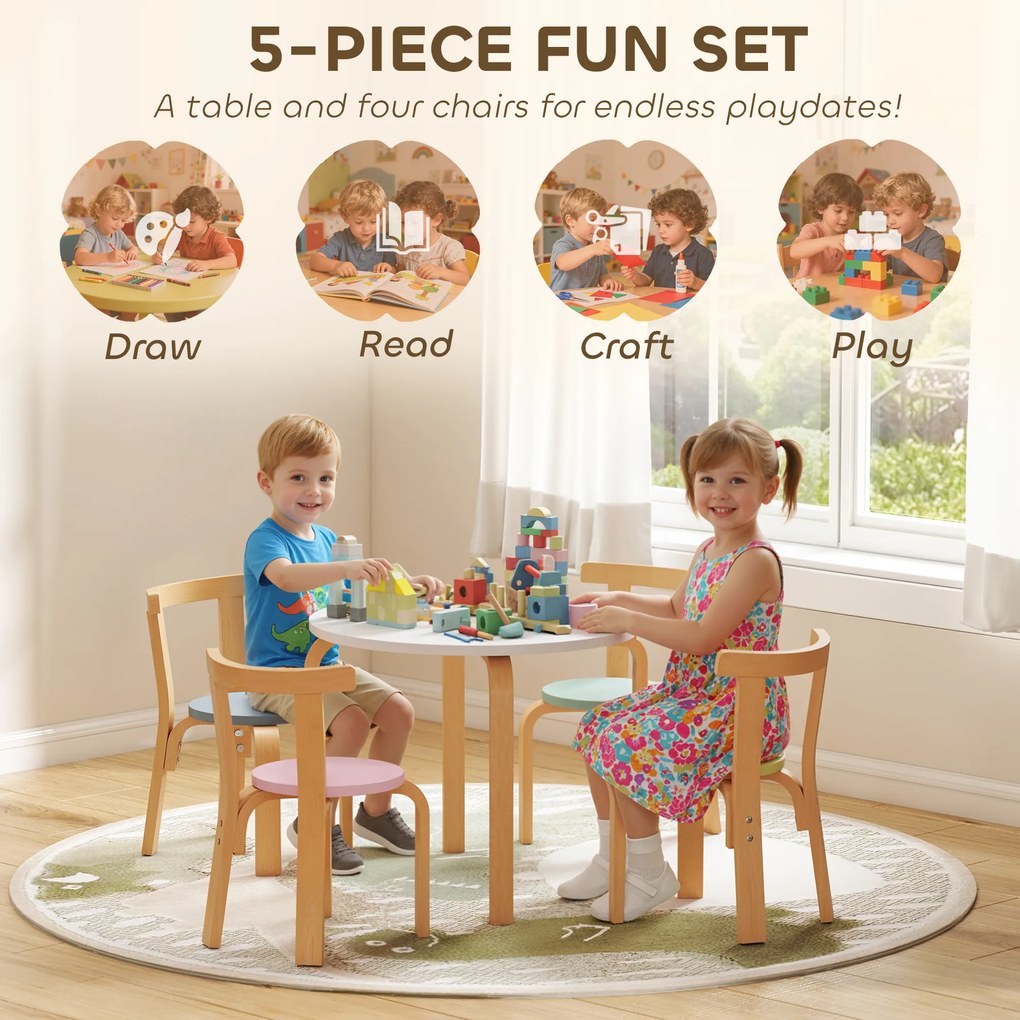 AIYAPLAY 5-częściowy zestaw stolik i krzesła dla dzieci, lekkie lite drewno, kolorowy