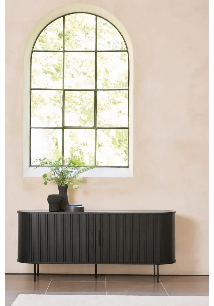 Czarna niska komoda w dekorze dębu z drzwiami przesuwnymi 76x180 cm Nola – Unique Furniture