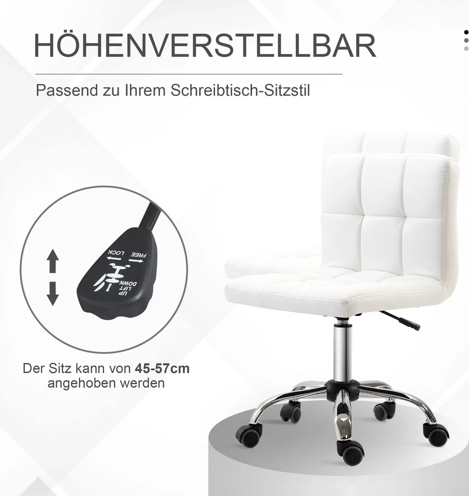 HOMCOM Krzesło Biurowe, Fotel Obrotowy, Skóra Ekologiczna, Konstrukcja ze Stali, 5 Kół, Wyściełane, Białe