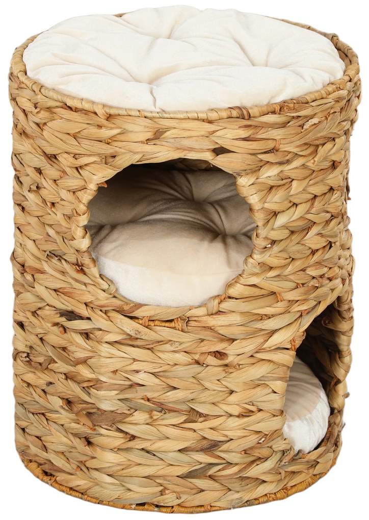 PawHut Drapak 50 cm, 2 jaskinie, poduszka, beczka dla kota z hiacyntu wodnego, Jasnobrązowy