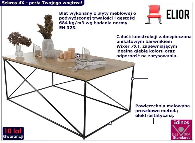 Industrialny stolik kawowy z czarnym stelażem czarny + dąb artisan Fernando 3S