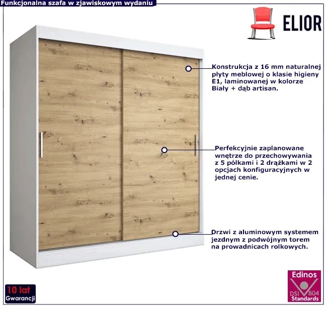 Szafa przesuwna 180 cm biel + dąb artisan - Erco 5X