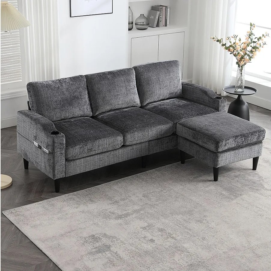 Szara sofa narożna - Sofa z podnóżkiem i schowkiem - Chenille - uchwyt na kubek i kieszeń