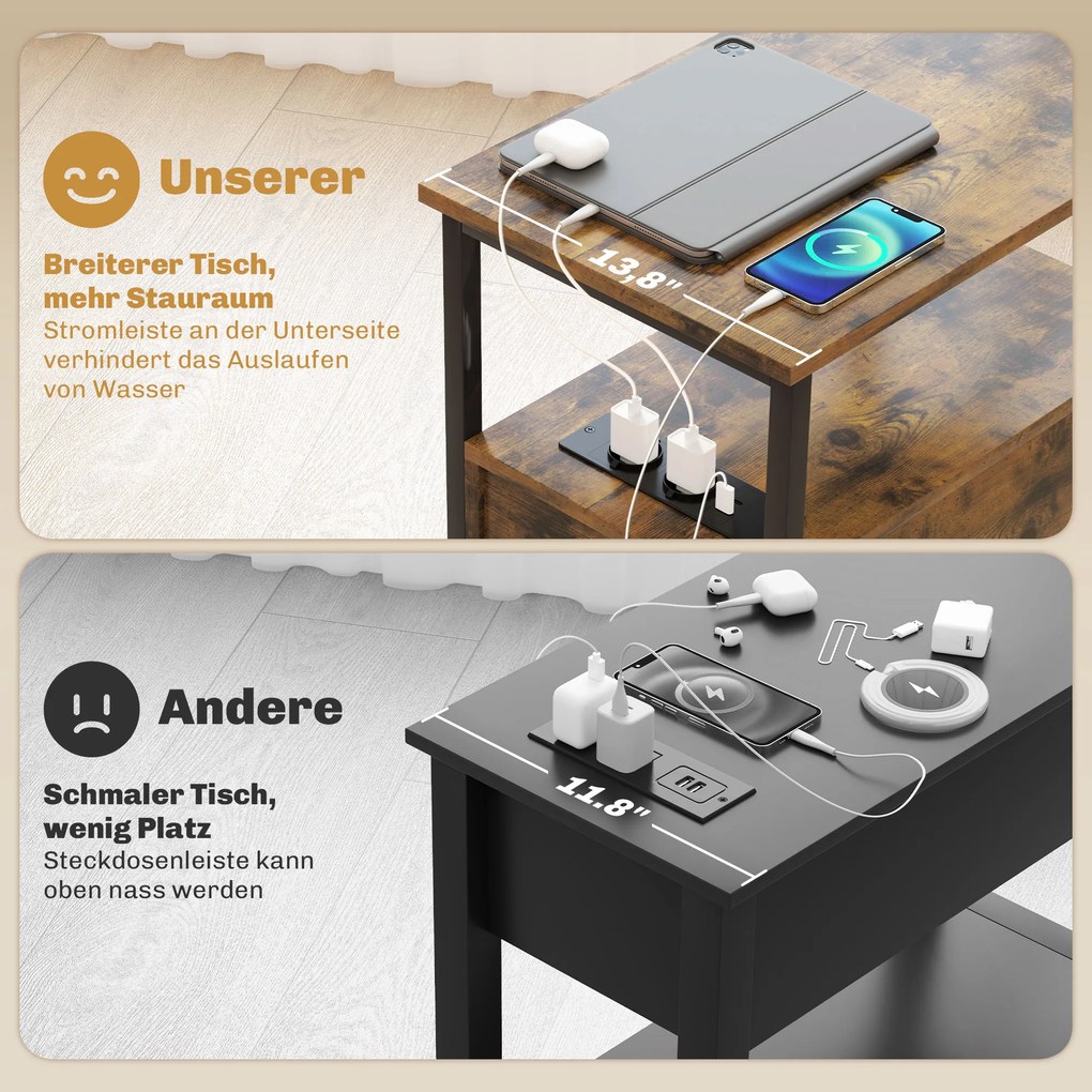 HOMCOM Stolik pomocniczy ze stacją ładowania, portami USB, gniazdkami, 2 szufladami i półką do salonu, sypialni