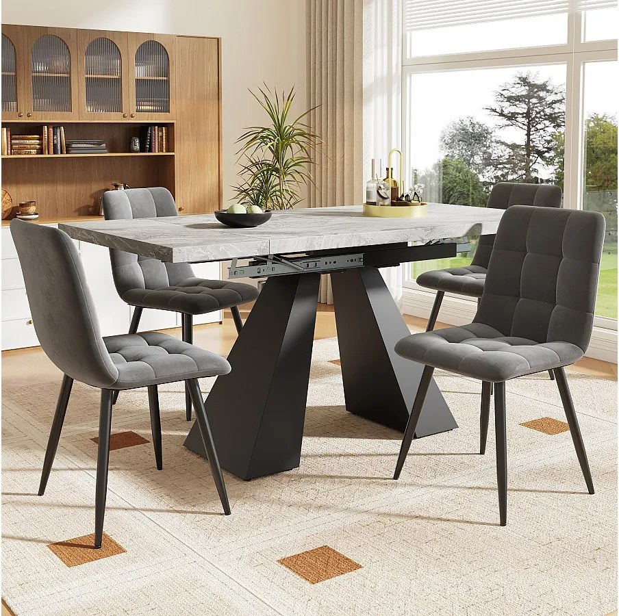 Zestaw obiadowy składający się z pięciu elementów - 1 rozkładany stół + 4 krzesła z aksamitu - 159 x 74 x 77 cm - płyta MDF + metal - szary
