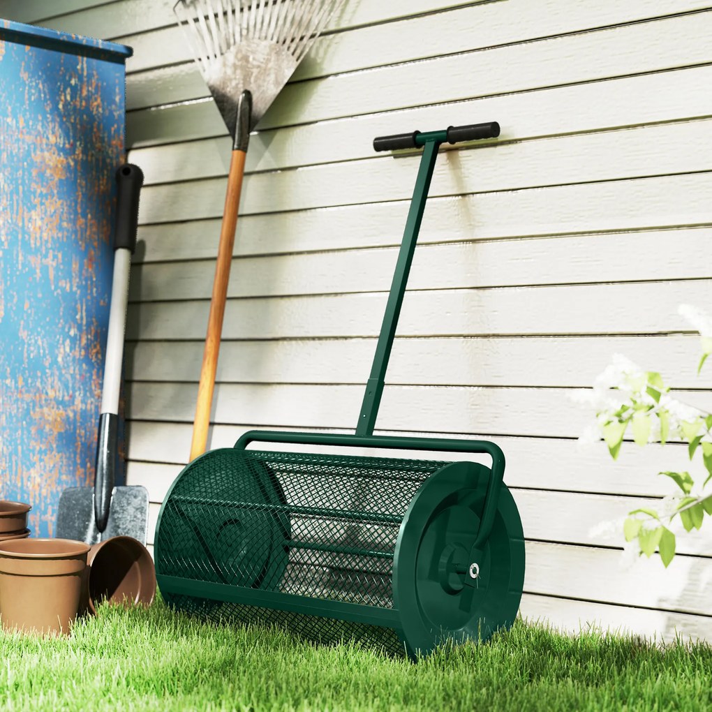 Outsunny Rozsiewacz kompostu 75 l 61x40cm rozsiewacz nawozu trawa ogród z uchwytem T kosz z siatki metal zielony | Aosom PL