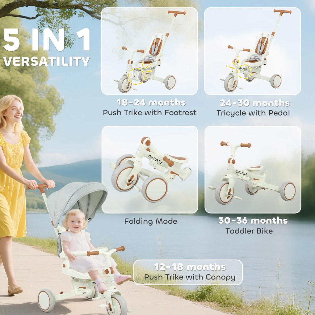 AIYAPLAY Dziecięcy trójkołowiec, zmienny wózek dla niemowląt, 5-w-1 design, zdejmowany uchwyt, regulowany, pas bezpieczeństwa, torba na akcesoria, 1-3 lat, kremowy
