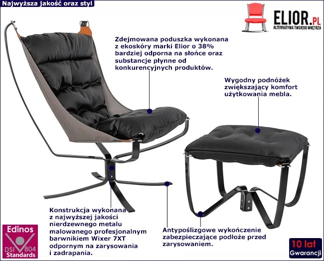 Czarny fotel z podnóżkiem do salonu - Louni 2X