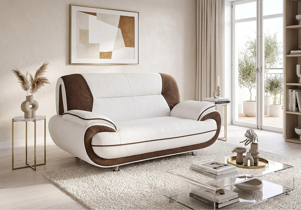 Sofa PALERMO 2-osobowa – elegancka sofa do salonu  w tkaninie KRONOS biało- brązowej
